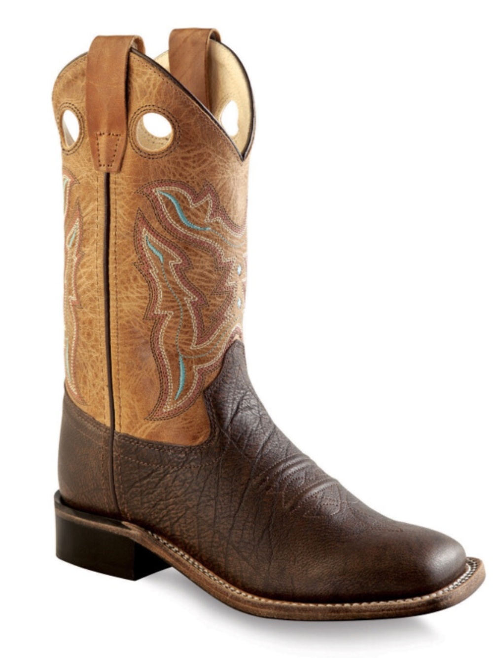 Old West Bsc1819 Brown Leather Pull On Square Toe Western Boots Kids size 1